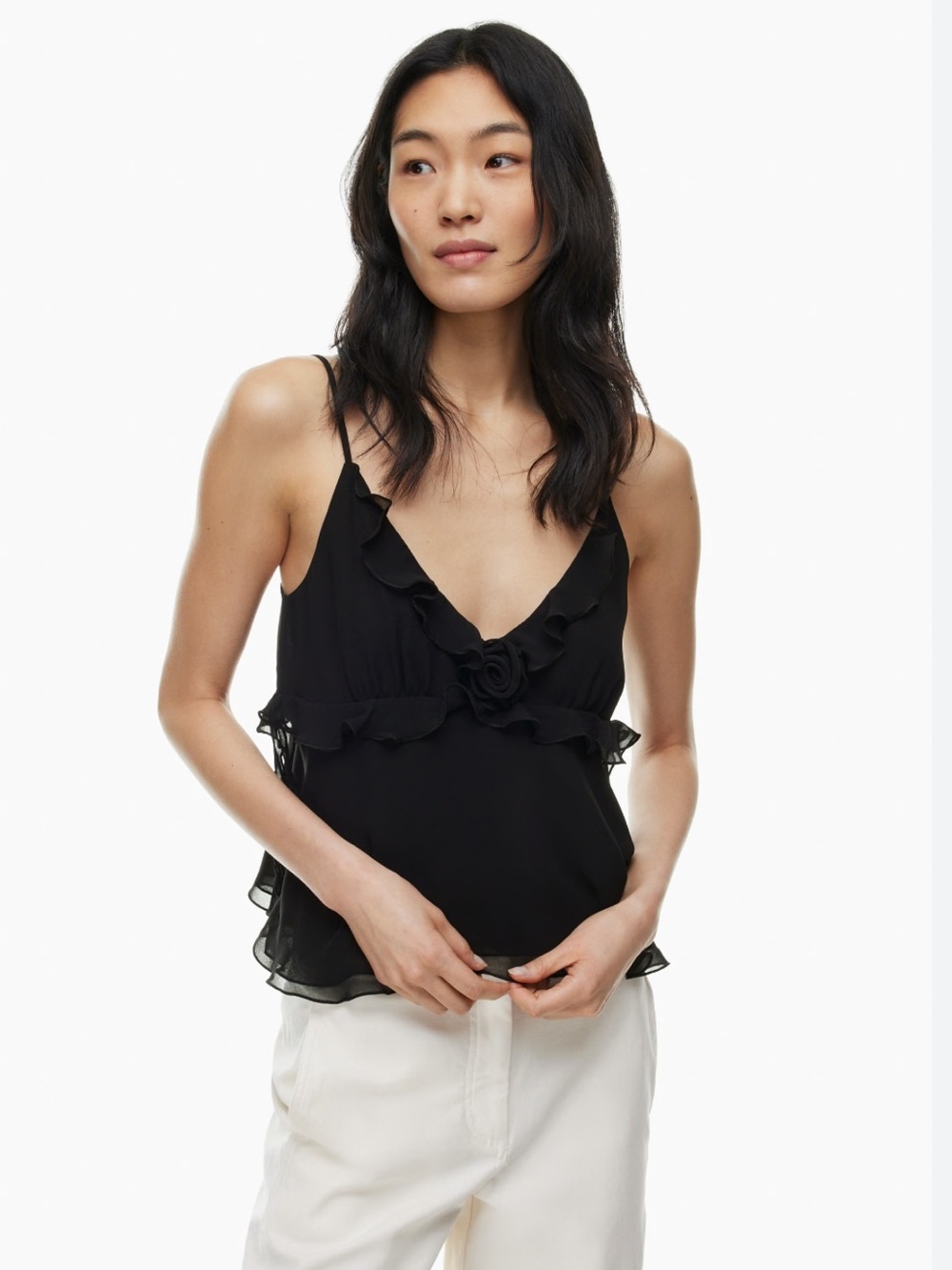 Aritzia Black Ruffle Camisole with Floral Applique